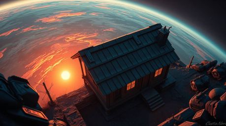 A captivating digital painting portrays an old wooden cabin bathed in the warm glow of a sunset.  From a high-angle perspecti