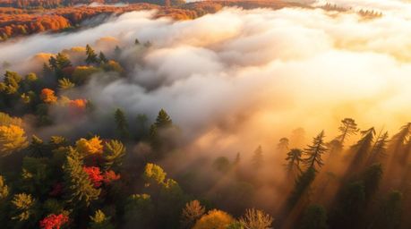 Experience the magic of a forest shrouded in rising mist during the golden hour. This image captures a lively and energetic s
