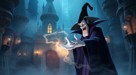 A captivating high-resolution stock photo depicts a classic Disney villain casting a spell within a mystical castle. The imag