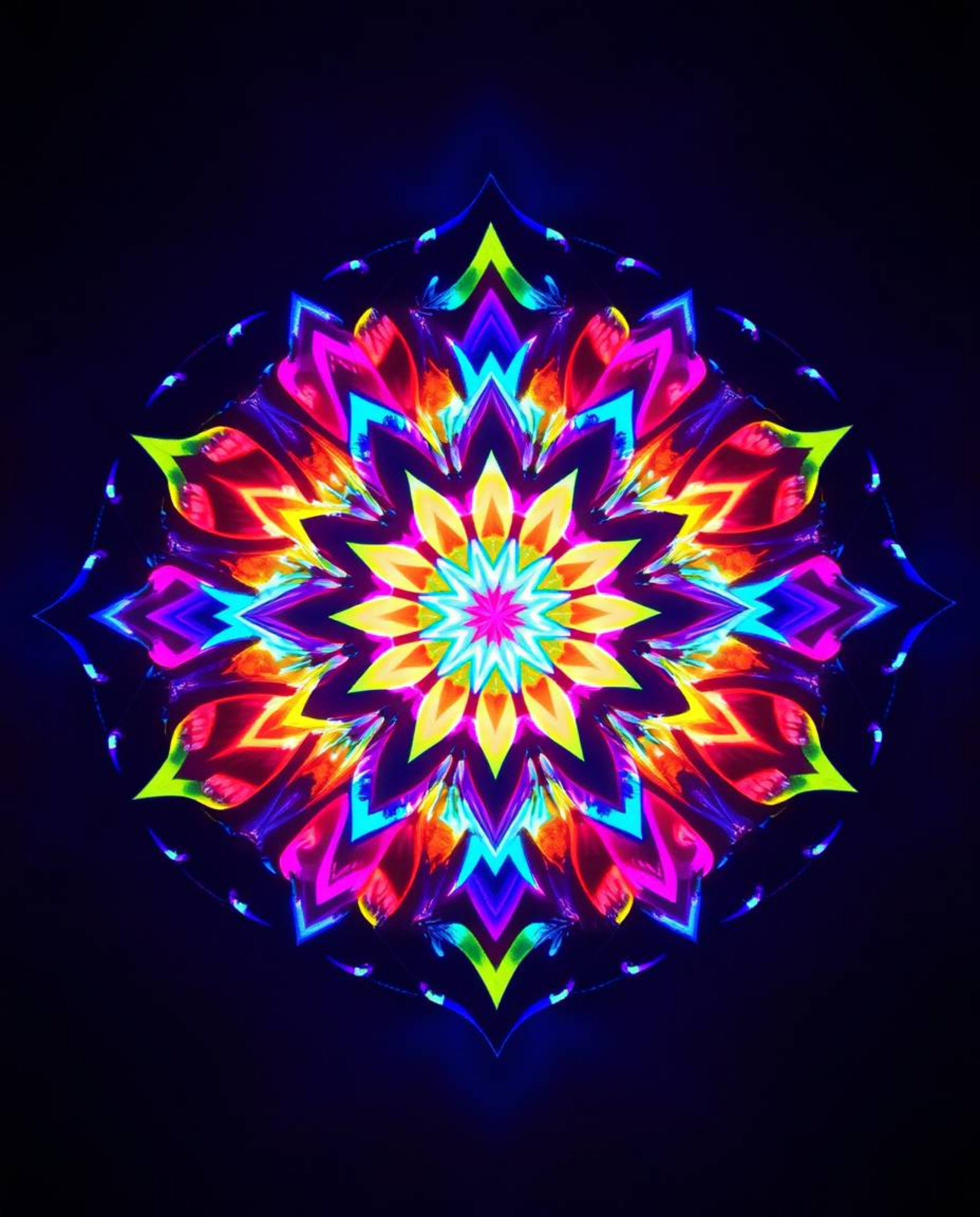 Explore a stunning geometric floral mandala that showcases creative light art and a symphony of vibrant colors. This artwork 