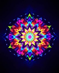 Explore a stunning geometric floral mandala that showcases creative light art and a symphony of vibrant colors. This artwork 