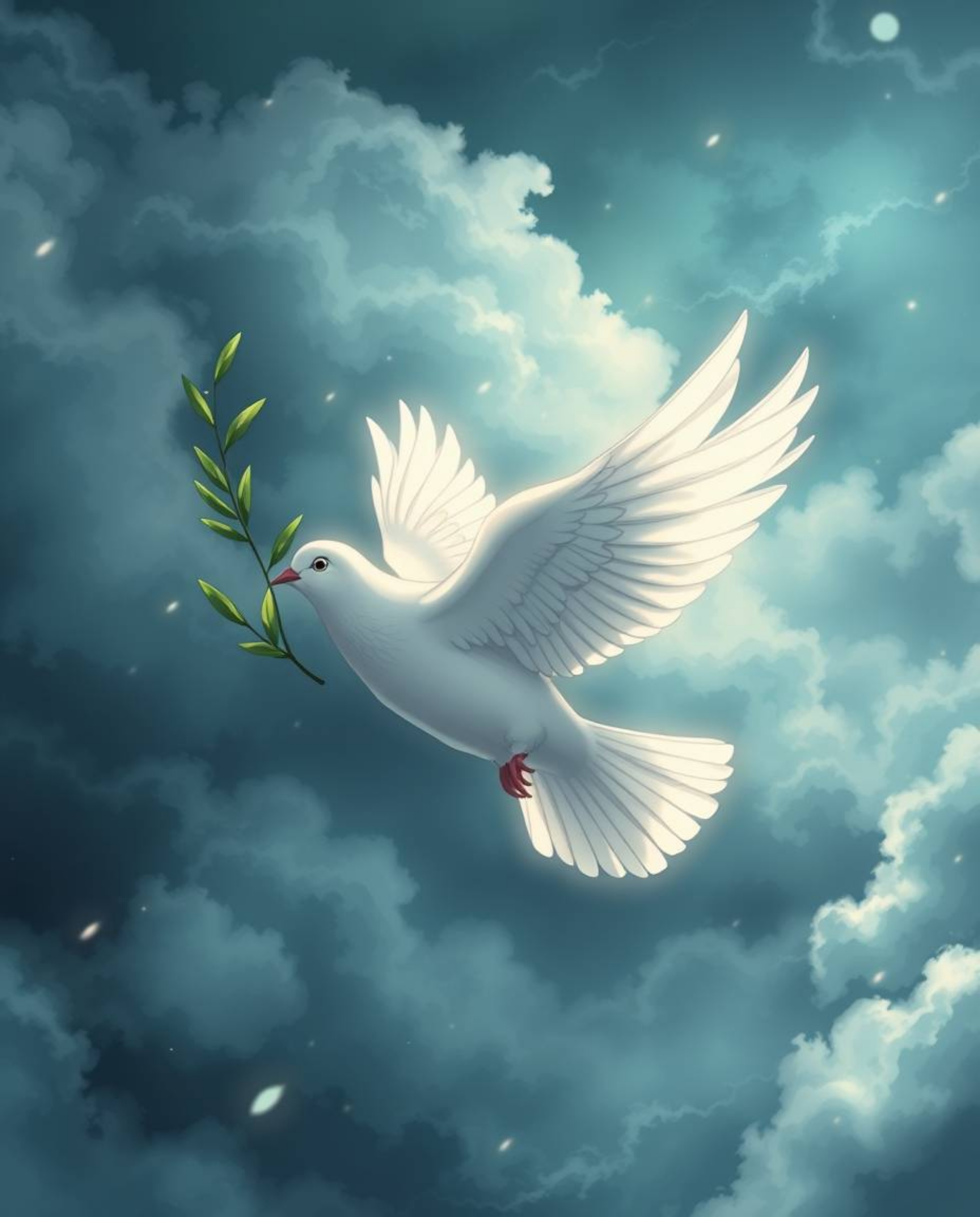 A captivating Isekai anime-style image depicting a dove carrying an olive branch through stormy skies.  The artwork features 