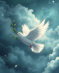 A captivating Isekai anime-style image depicting a dove carrying an olive branch through stormy skies.  The artwork features 