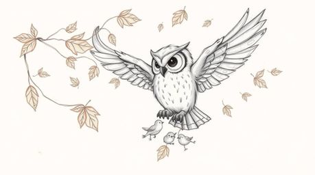 A heartwarming hand-drawn sketch showcases a blind owl, rendered in a textured pencil style reminiscent of Pixar animation, g