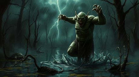 This image captures an intense and dramatic scene of an ogre dancing in a swamp amidst a stormy night. The setting is eerie a