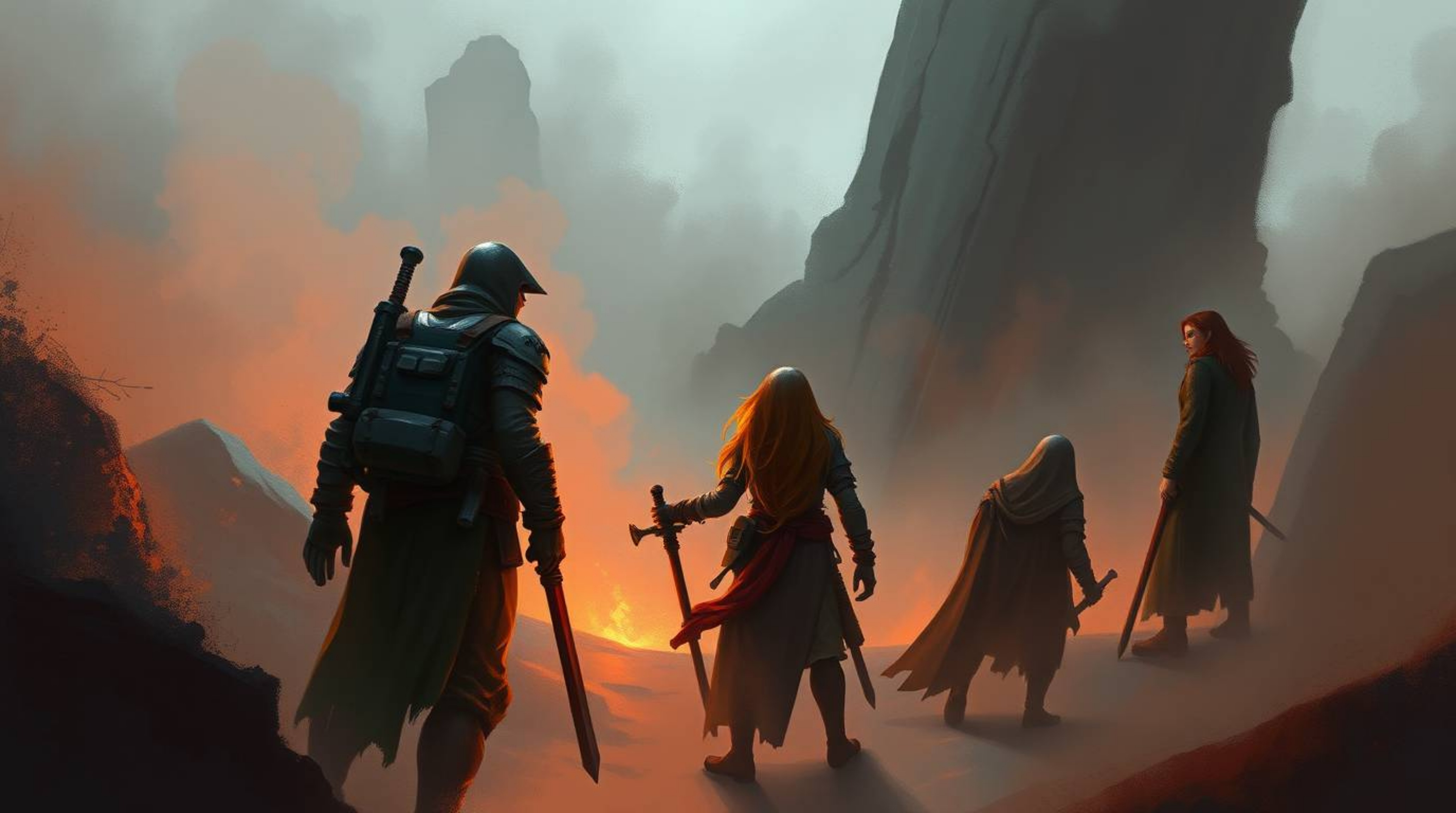 Explore a misty and atmospheric digital sketch depicting a team of misfit heroes in a fantasy setting. This high-angle perspe