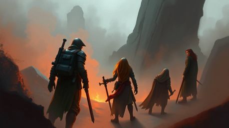 Explore a misty and atmospheric digital sketch depicting a team of misfit heroes in a fantasy setting. This high-angle perspe