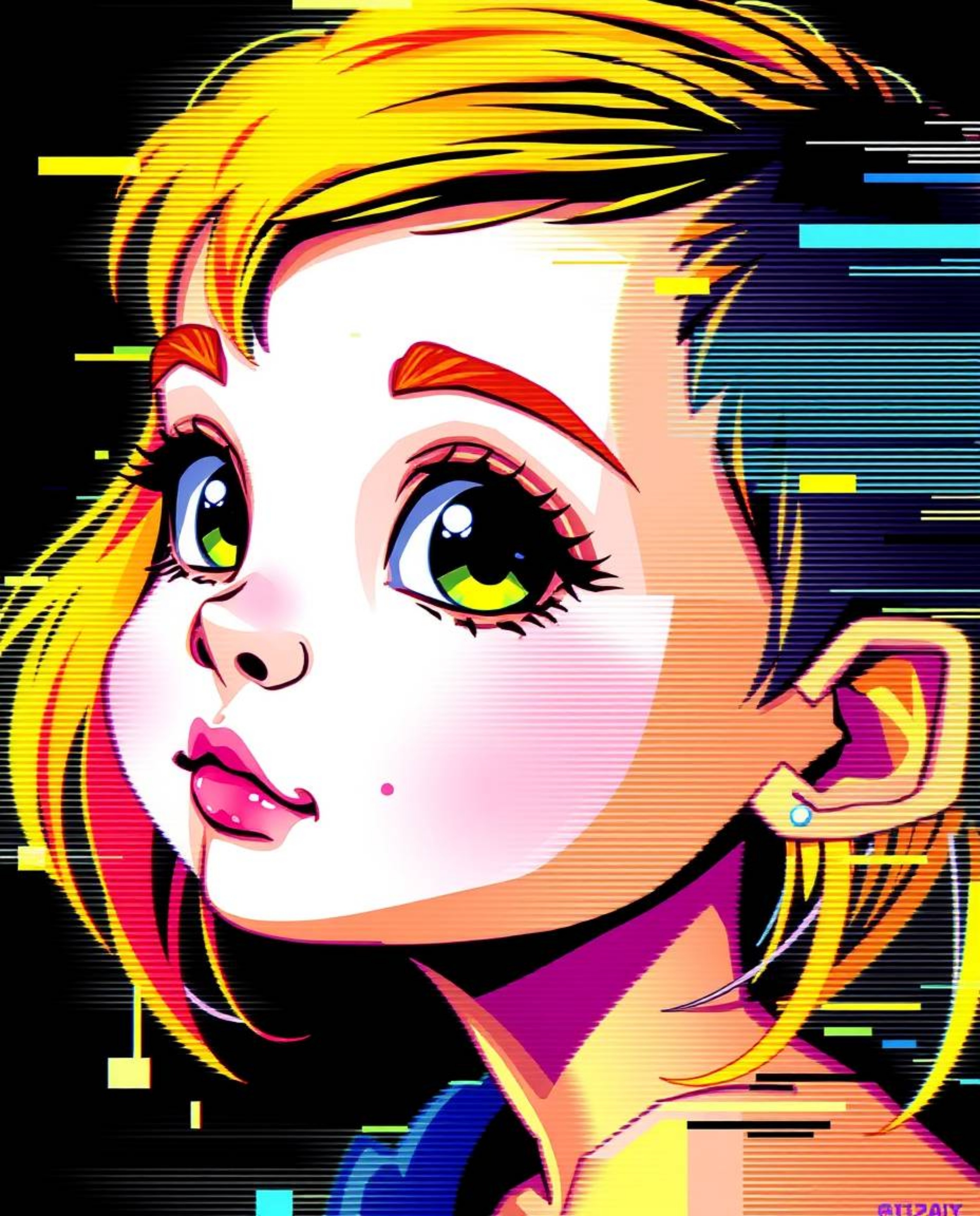 Experience the captivating charm of an adorable portrait rendered in the unique digital glitch art style. This artwork featur