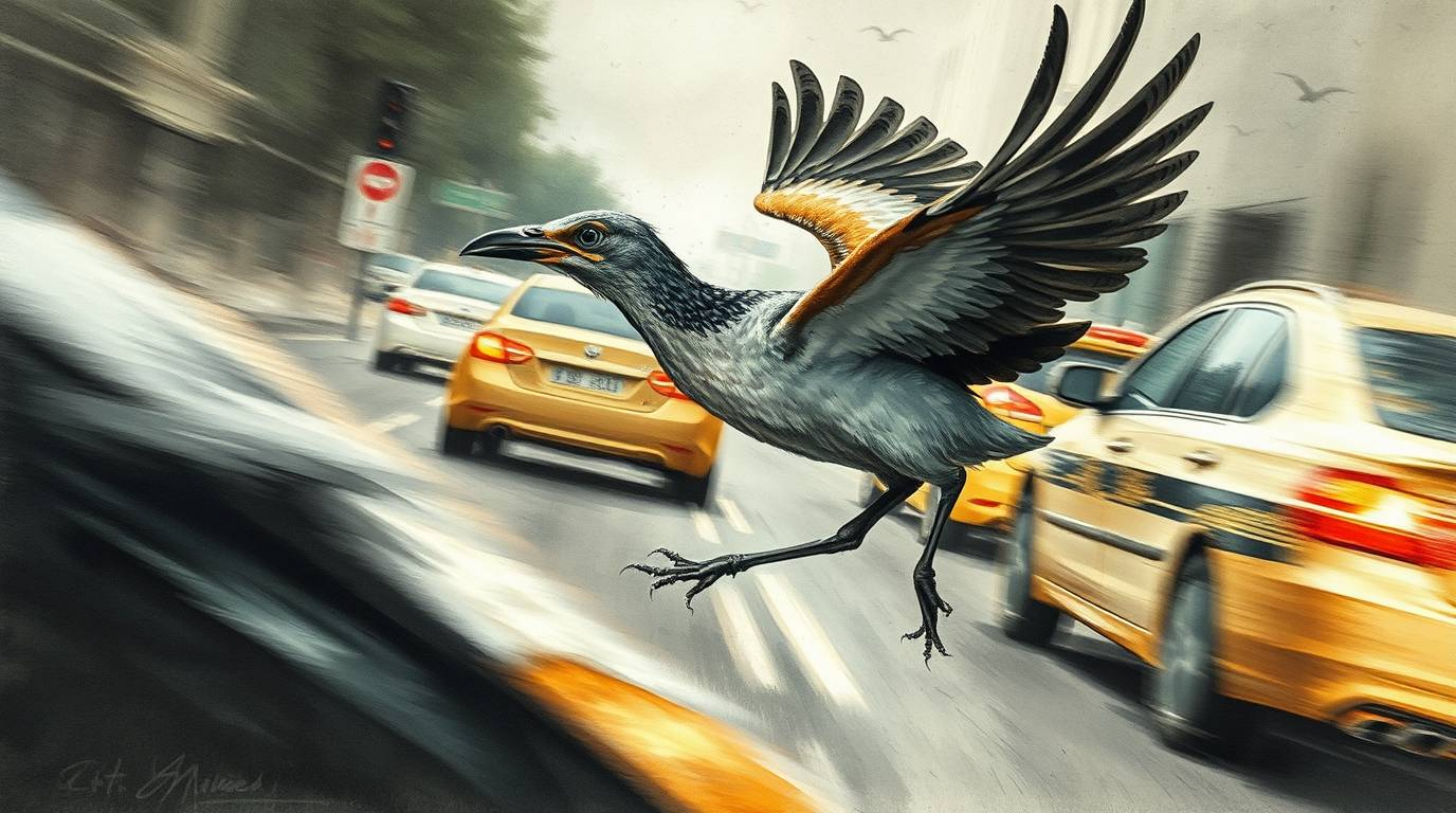 A captivating watercolor painting depicts a fast-running bird zipping past city traffic in a strangely unsettling atmosphere.
