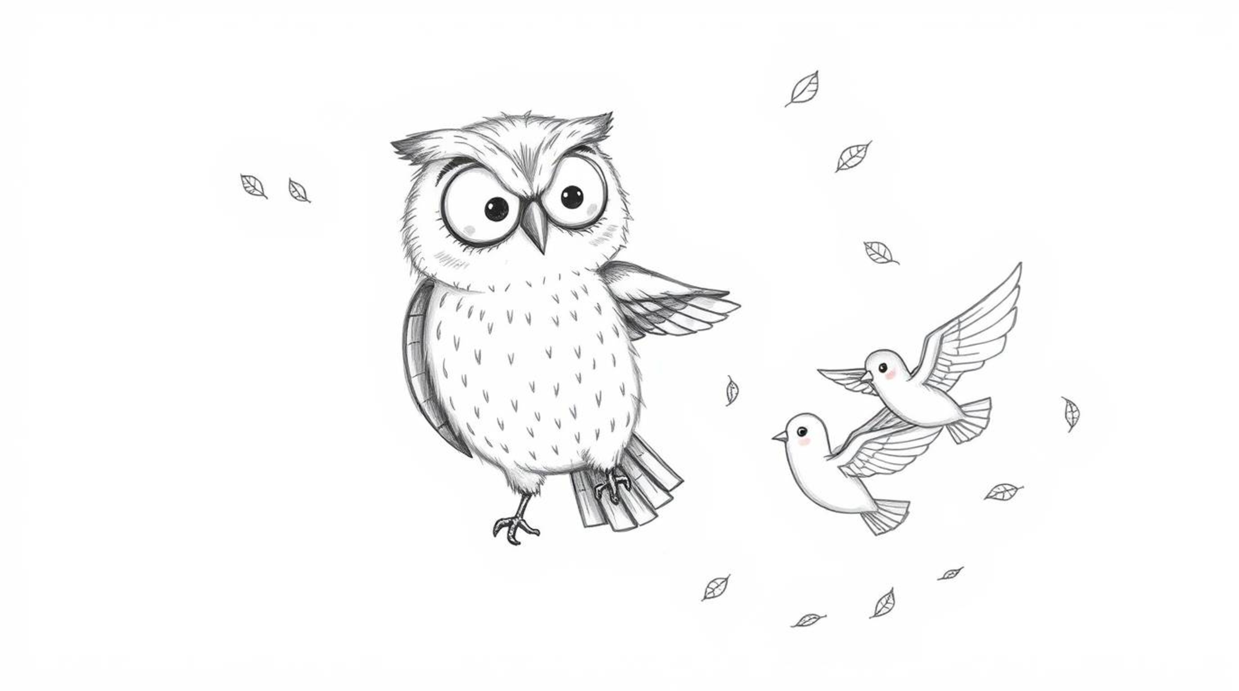 A heartwarming Pixar-style hand-drawn sketch depicts a wise, blind owl with soft plumage gently guiding fledgling birds in fl