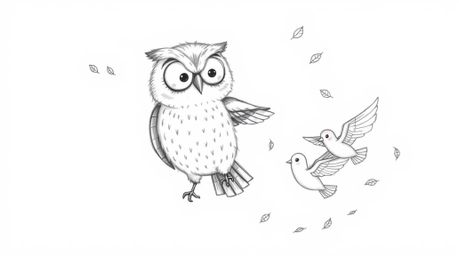 A heartwarming Pixar-style hand-drawn sketch depicts a wise, blind owl with soft plumage gently guiding fledgling birds in fl