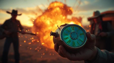 A classic exploding TNT gag set in the wild west is brought to life in this tight close-up shot. The scene is bathed in the w