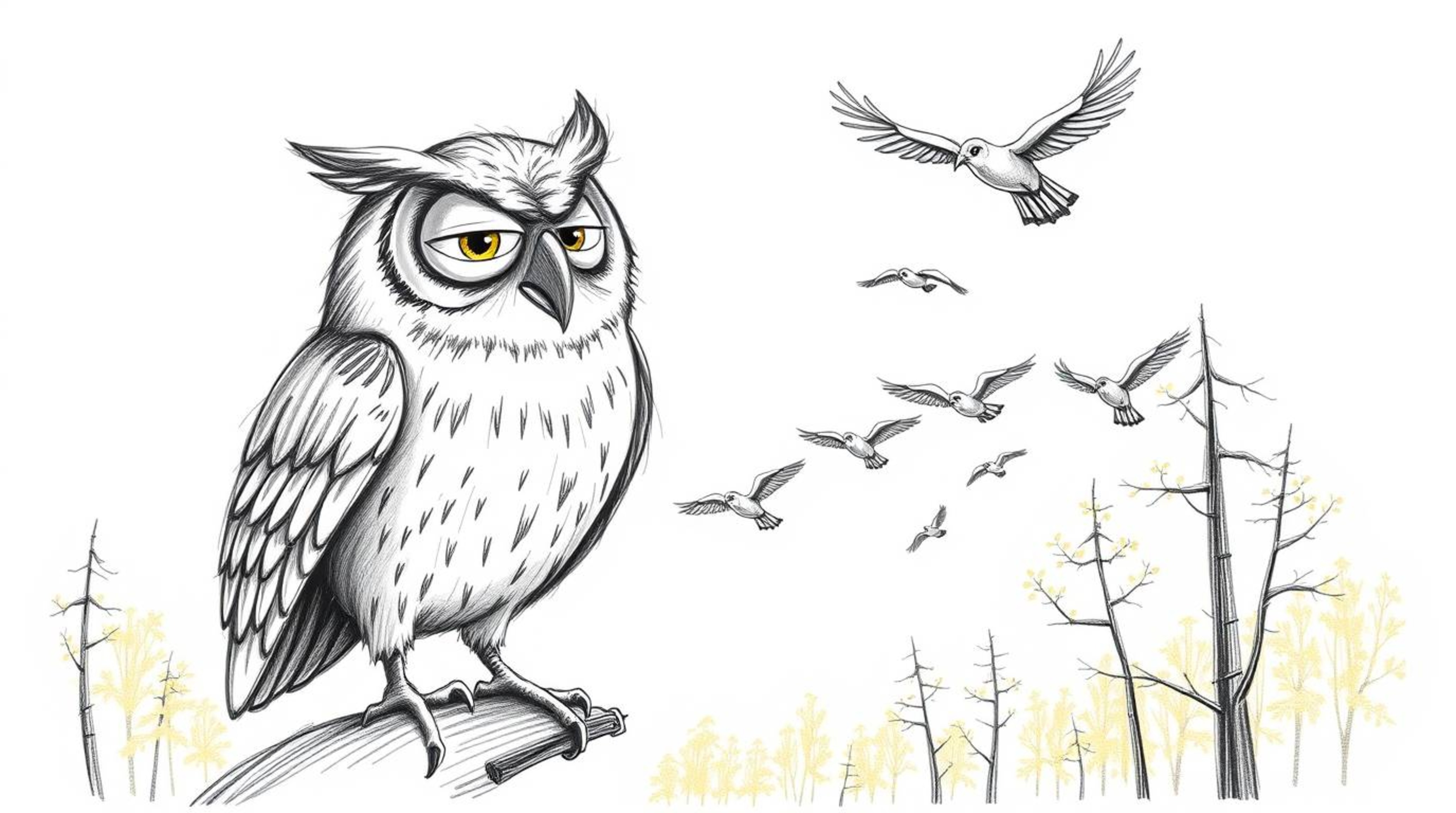 A heartwarming hand-drawn sketch depicts a wise, blind owl with expressive wrinkles, guiding a flock of birds in flight.  Set
