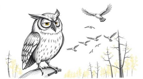 A heartwarming hand-drawn sketch depicts a wise, blind owl with expressive wrinkles, guiding a flock of birds in flight.  Set