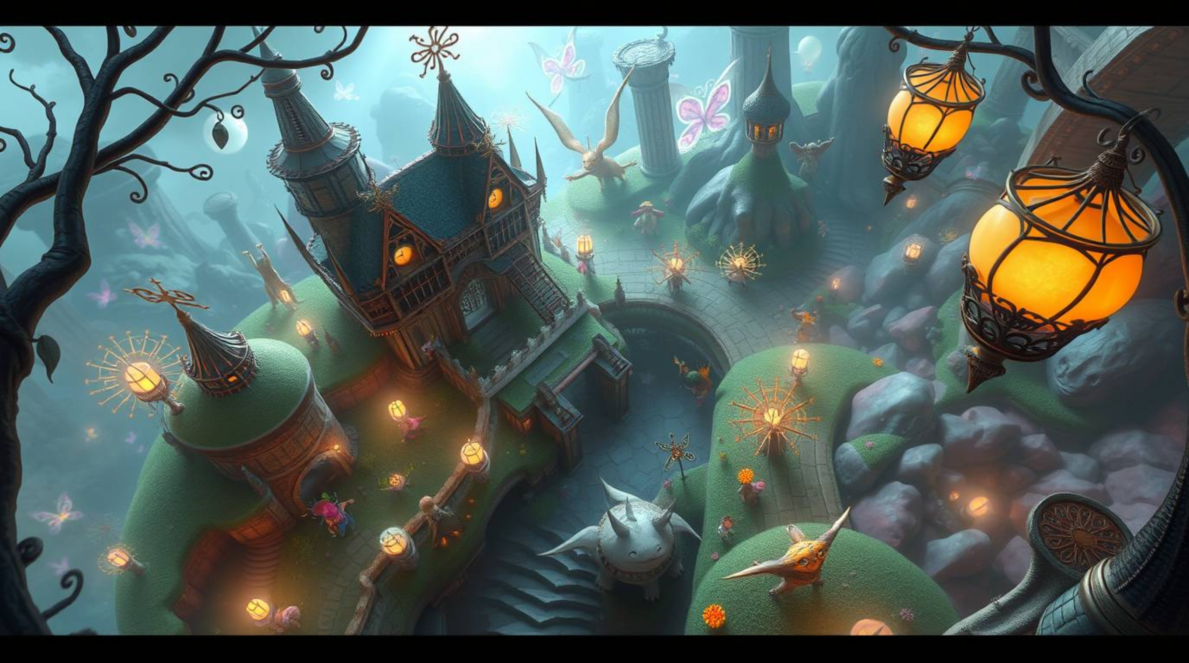 Explore a breathtaking fantasy kingdom brimming with whimsical magical creatures, captured from a high-angle perspective. Thi