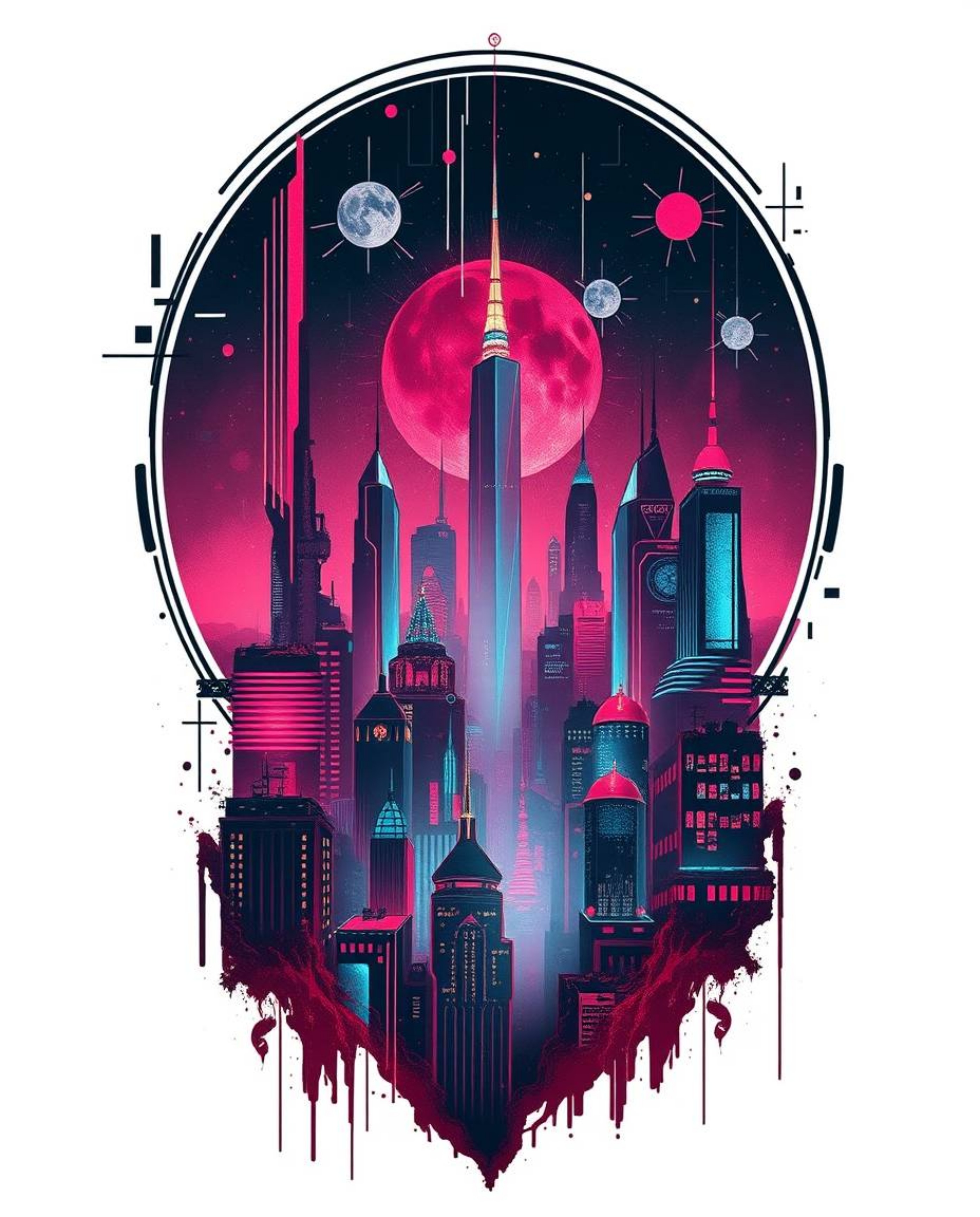 A sophisticated and elegant symbolic traditional tattoo art print features a futuristic city rendered in a glitch effect.  Fl
