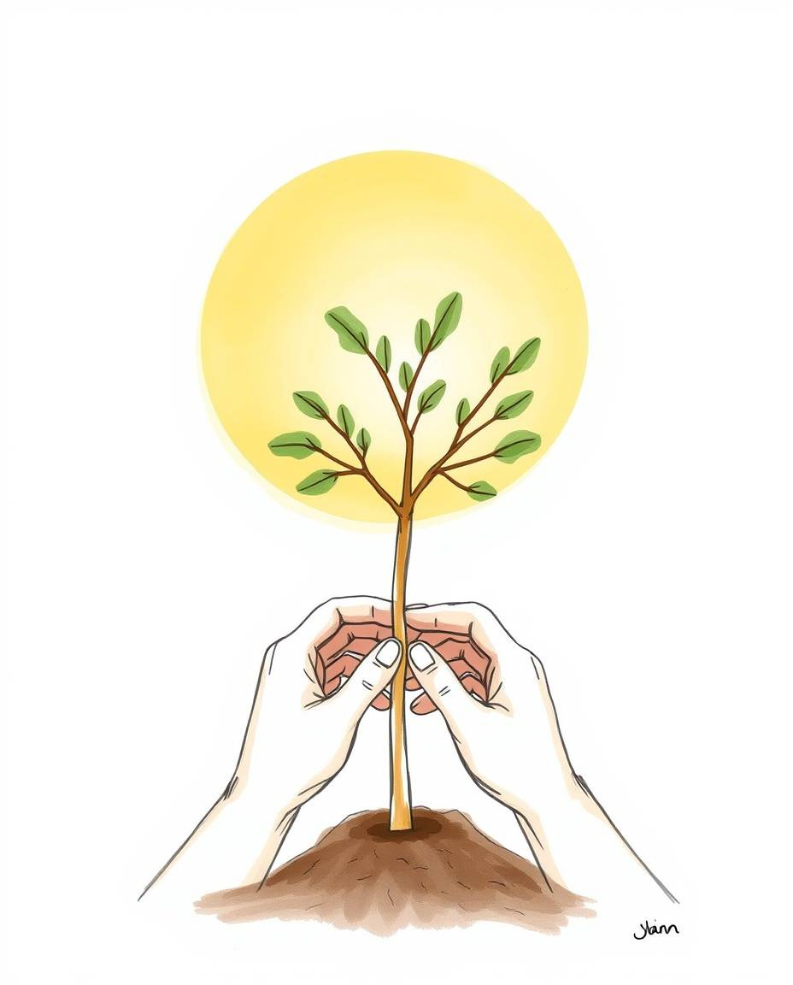 A soft pastel colored, hand-drawn sketch in sketchnote style depicts hands planting a tree under a golden sky. Rendered in ge