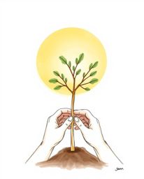 A soft pastel colored, hand-drawn sketch in sketchnote style depicts hands planting a tree under a golden sky. Rendered in ge