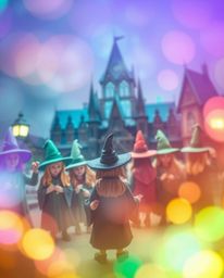 Experience the enchanting allure of a magical school brimming with young wizards, bathed in shimmering, iridescent colors. Th