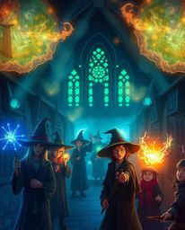 Immerse yourself in a dramatically cinematic illustration of a magical school teeming with young wizards, brought to life wit