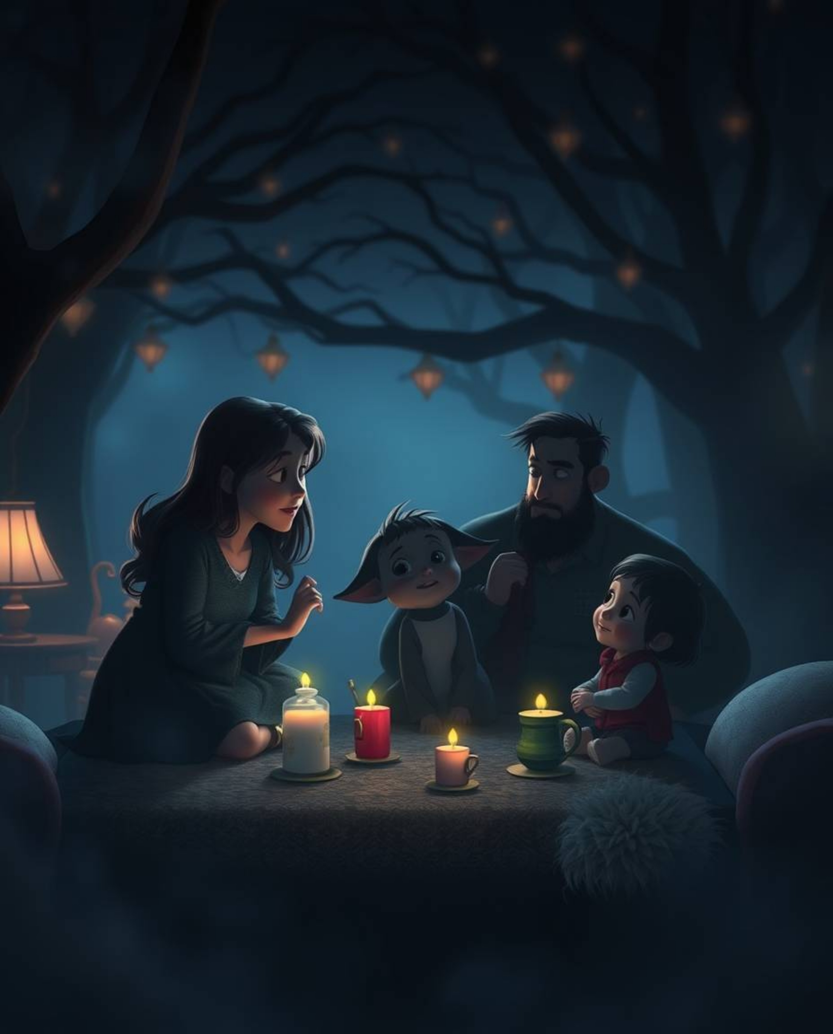 Experience a moody, mystic, and enchanting family reunion in the Pixar style. This scene features low contrast, gentle color 