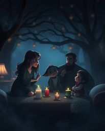 Experience a moody, mystic, and enchanting family reunion in the Pixar style. This scene features low contrast, gentle color 