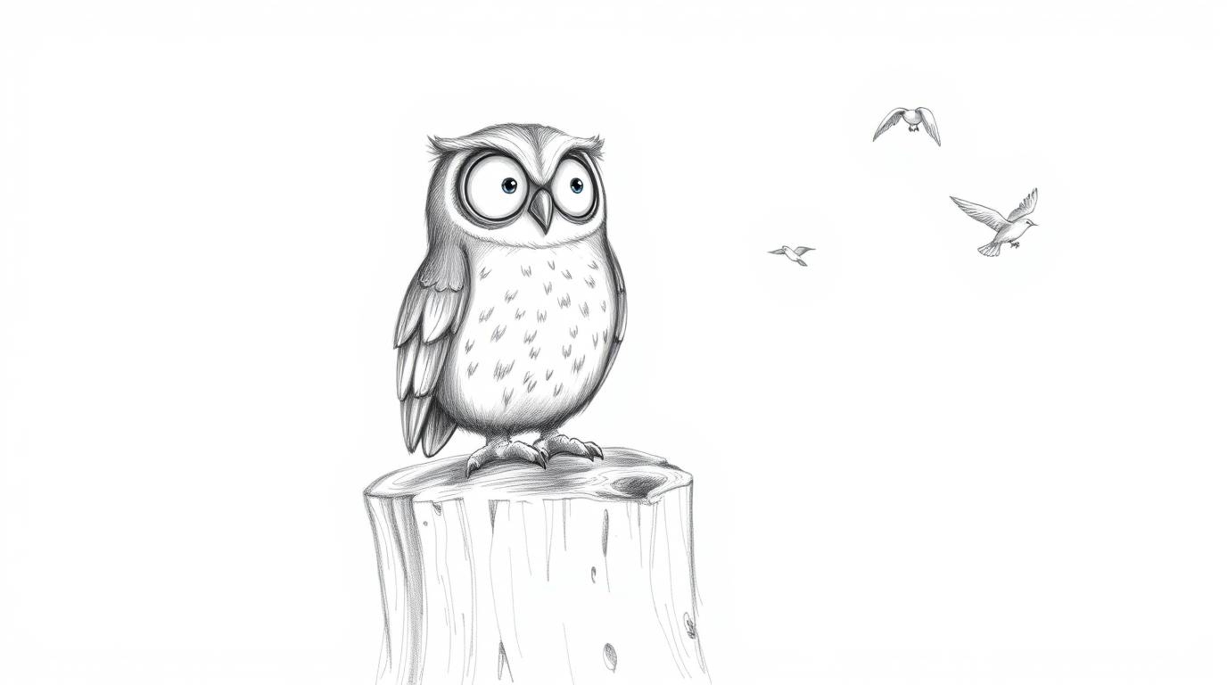 A heartwarming pencil sketch in a Pixar aesthetic depicts a kind-eyed, blind owl perched happily on a tree stump. Small bird