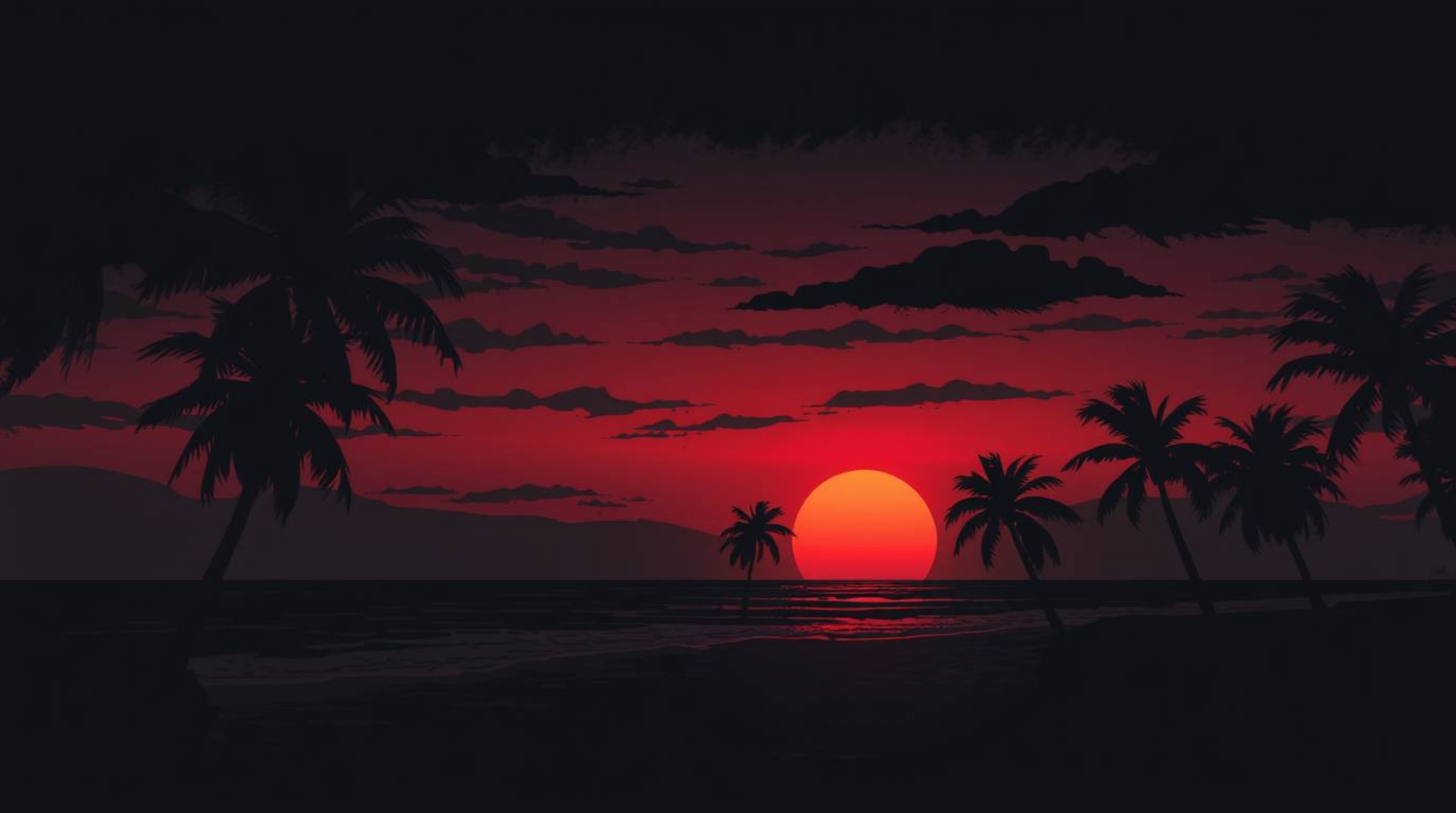 Immerse yourself in a moody, low-contrast illustration of a tropical beach sunset. Swaying palm trees create a dark and atmos