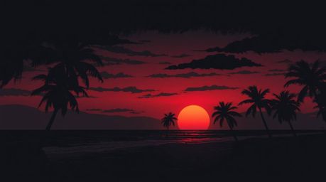 Immerse yourself in a moody, low-contrast illustration of a tropical beach sunset. Swaying palm trees create a dark and atmos
