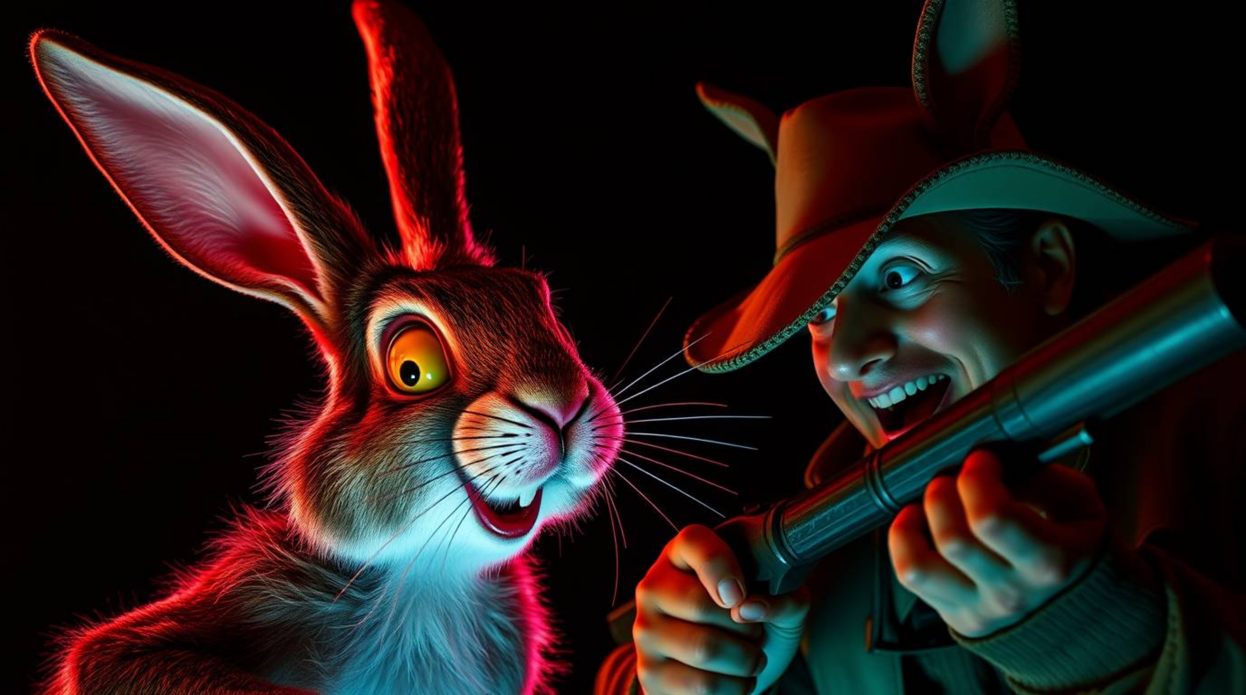 This image captures a scene of slapstick humor featuring a wacky rabbit with exaggerated features being chased by a hunter. T