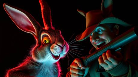 This image captures a scene of slapstick humor featuring a wacky rabbit with exaggerated features being chased by a hunter. T