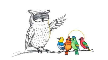 A whimsical hand-drawn sketch in the style of Pixar depicts a wise, blind owl teaching a class of vibrant birds to fly at sun