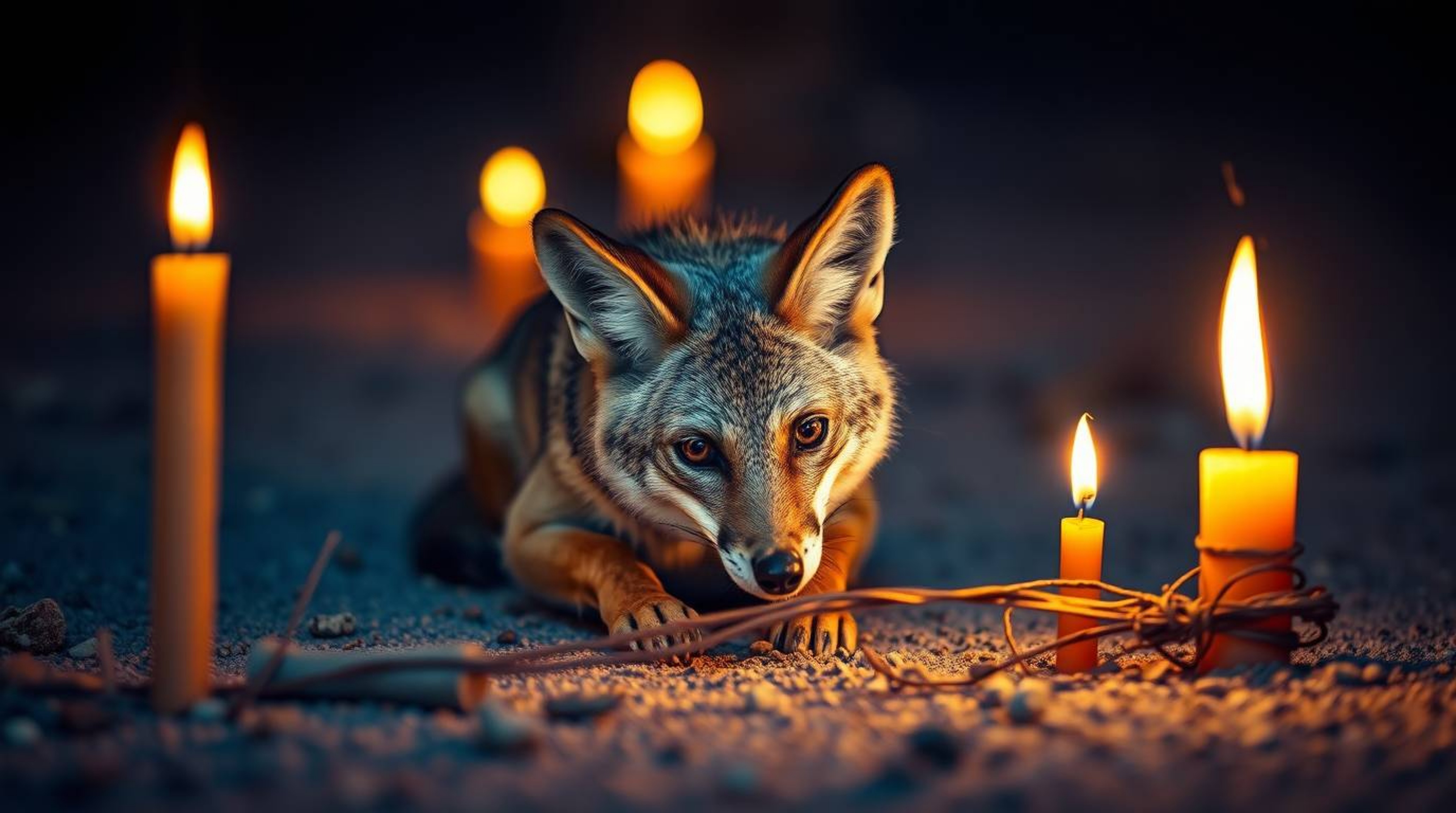 A close-up shot showcasing a coyote meticulously setting up a ridiculously elaborate trap in the stark desert landscape, illu