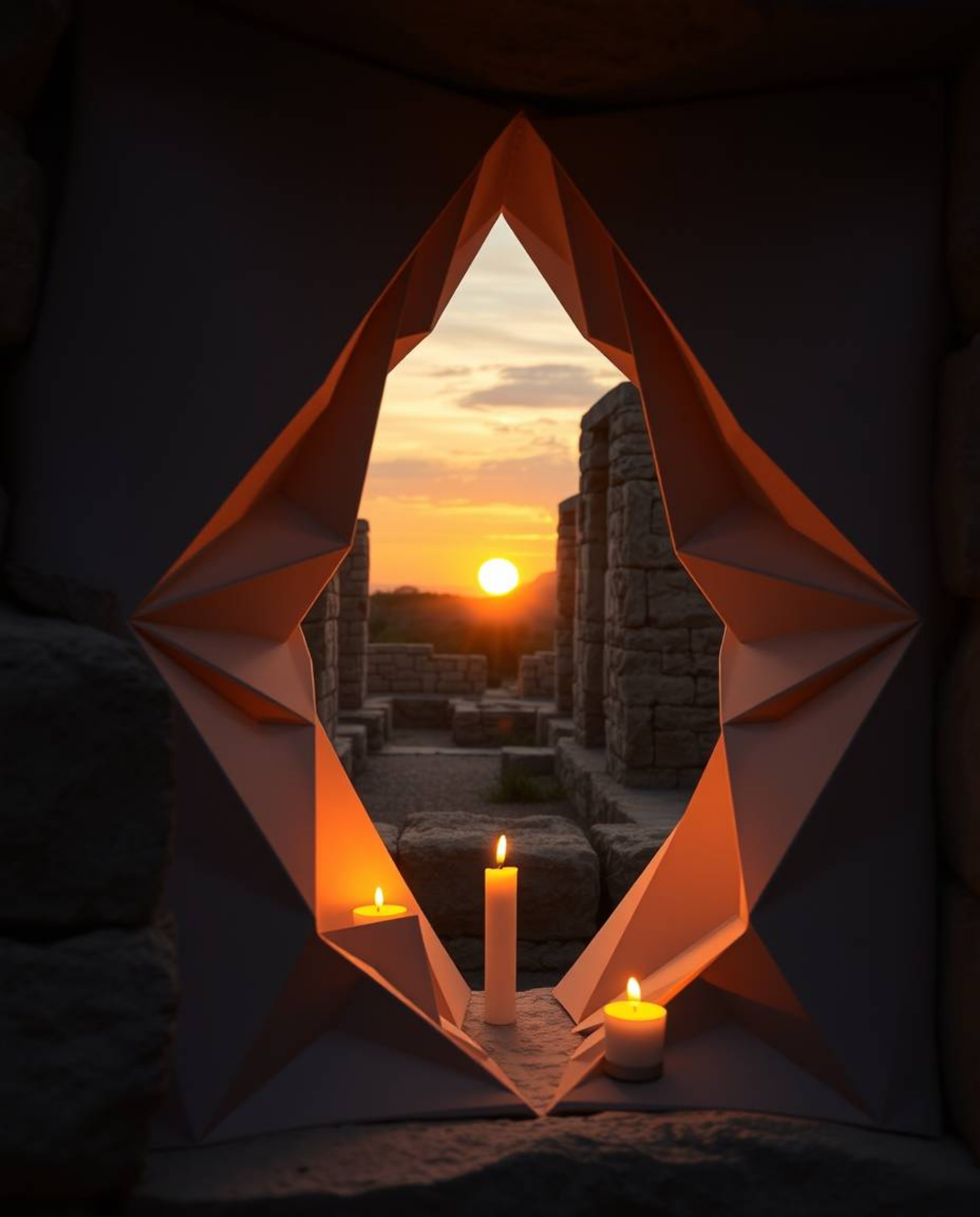 Warm candlelight illuminates intricate origami-style folds within ancient stone ruins as the sun sets, casting shadows. The s