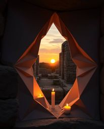Warm candlelight illuminates intricate origami-style folds within ancient stone ruins as the sun sets, casting shadows. The s