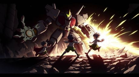 A captivating isekai anime-style illustration depicts three superpowered children engaged in a thrilling battle against a for