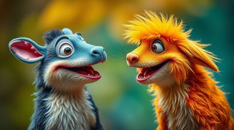 A delightful scene featuring a duo of talking animals engaging in mischievous antics. The image boasts a sharp focus and brig
