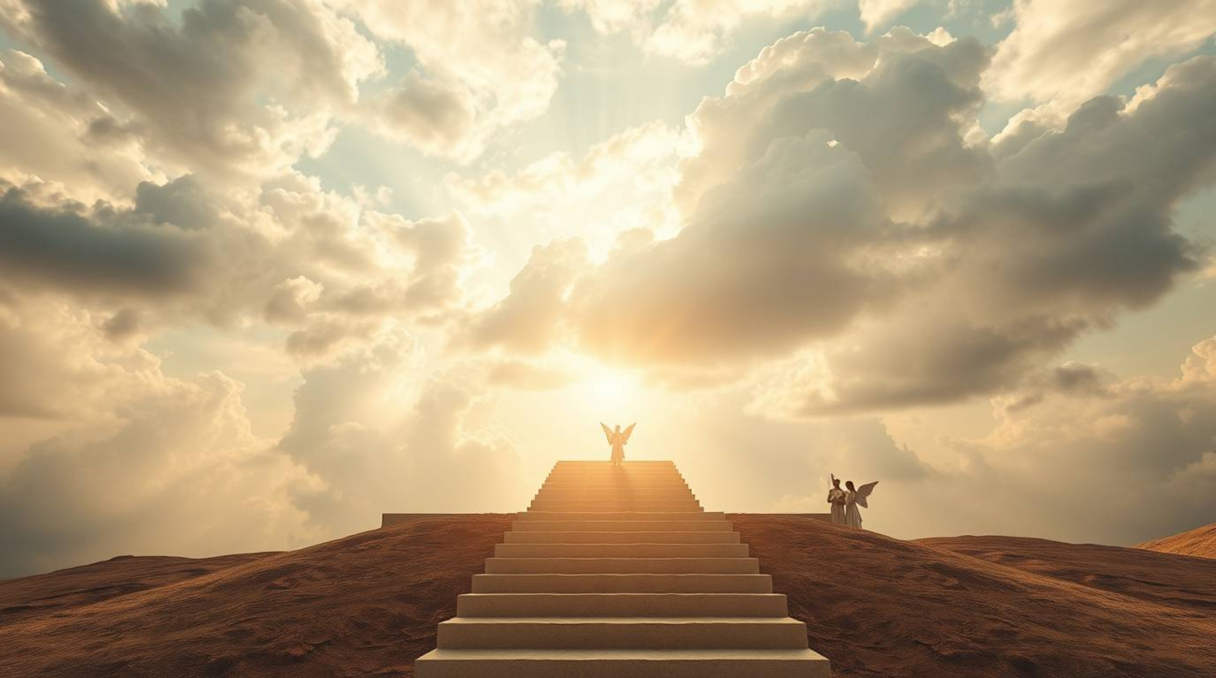 A high-resolution stock photo showcasing steps of light ascending into a cloudy sky, with ethereal angelic figures observing 