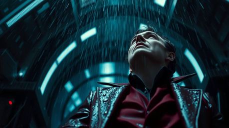 A low-angle shot captures a villain experiencing a dramatic yet comedic breakdown in their high-tech lair, drenched in drizzl