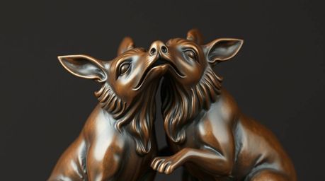 Discover a captivating pair of bronze animal sculptures, elegantly rendered with an antique patina.  These mischievous talkin