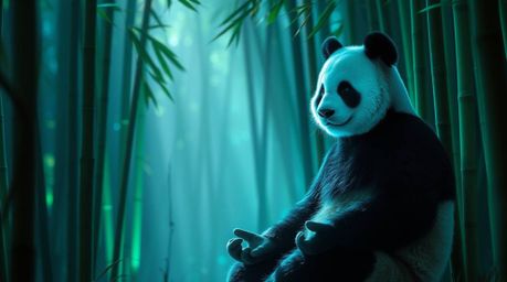 Imagine a serene martial artist panda meditating deeply within a lush bamboo forest. The scene is bathed in glowing biolumine