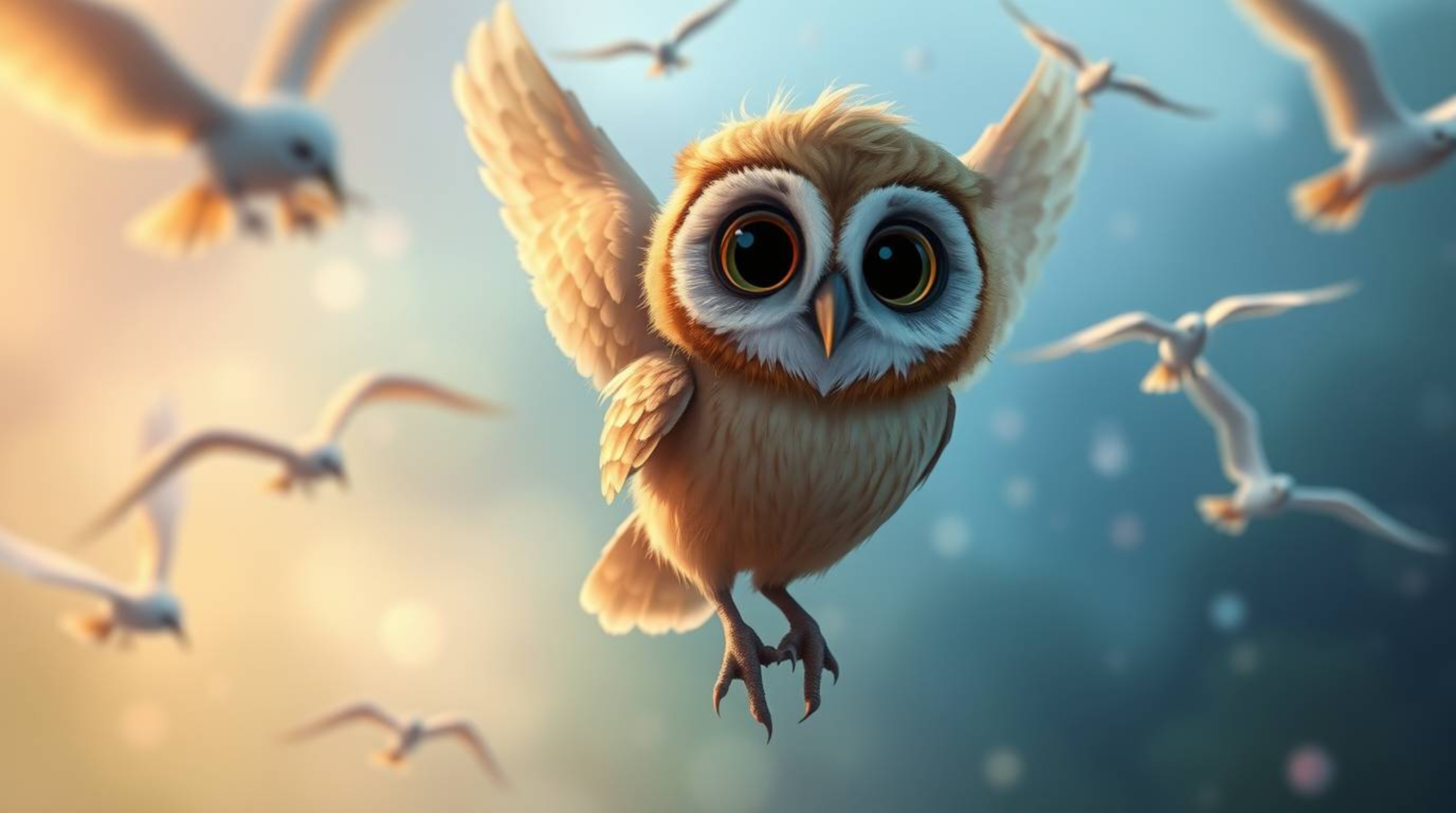 A Pixar-style illustration captures a distinguished blind owl with gentle, expressive features and soft brown plumage as it g