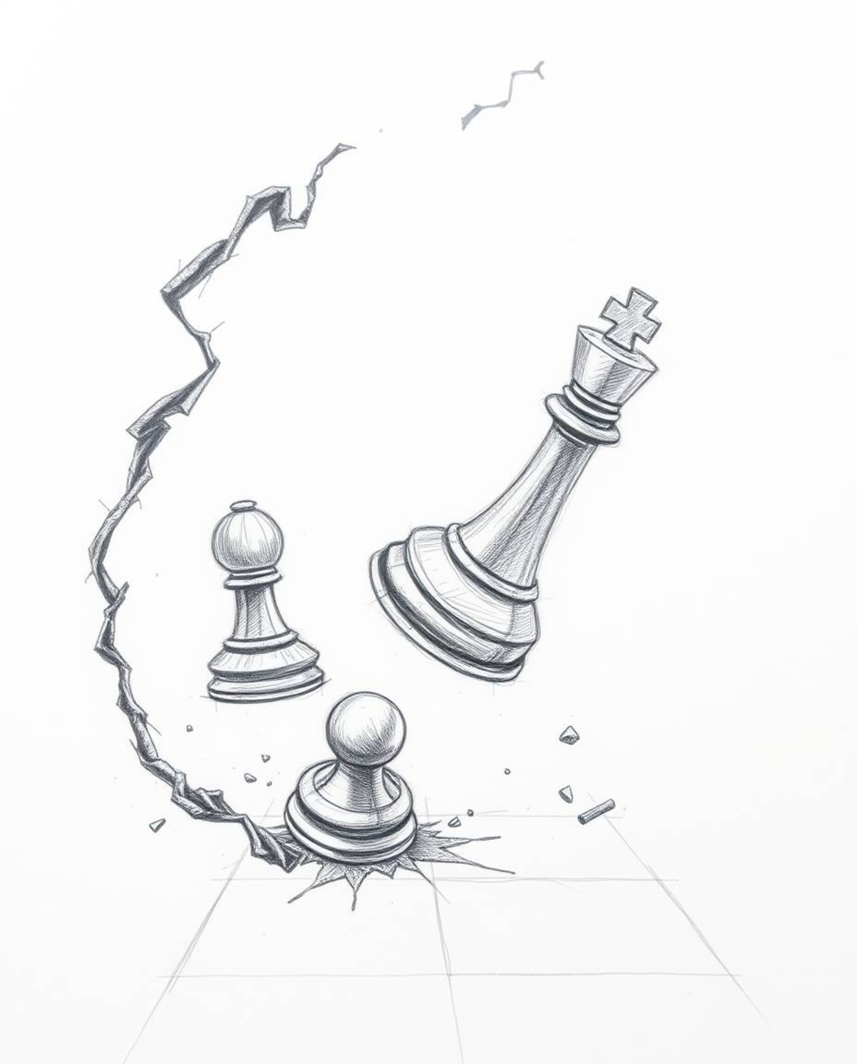 A captivating hand-drawn sketch showcases a chessboard with pieces suspended mid-air in a moment of frozen destruction.  Rend