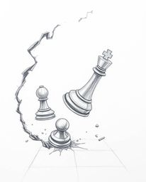 A captivating hand-drawn sketch showcases a chessboard with pieces suspended mid-air in a moment of frozen destruction.  Rend