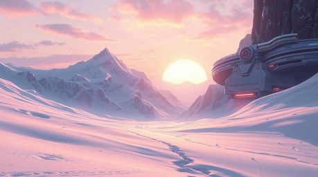 Immerse yourself in a futuristic sci-fi scene featuring snow-covered mountains bathed in the glow of a pastel sunset. Advance