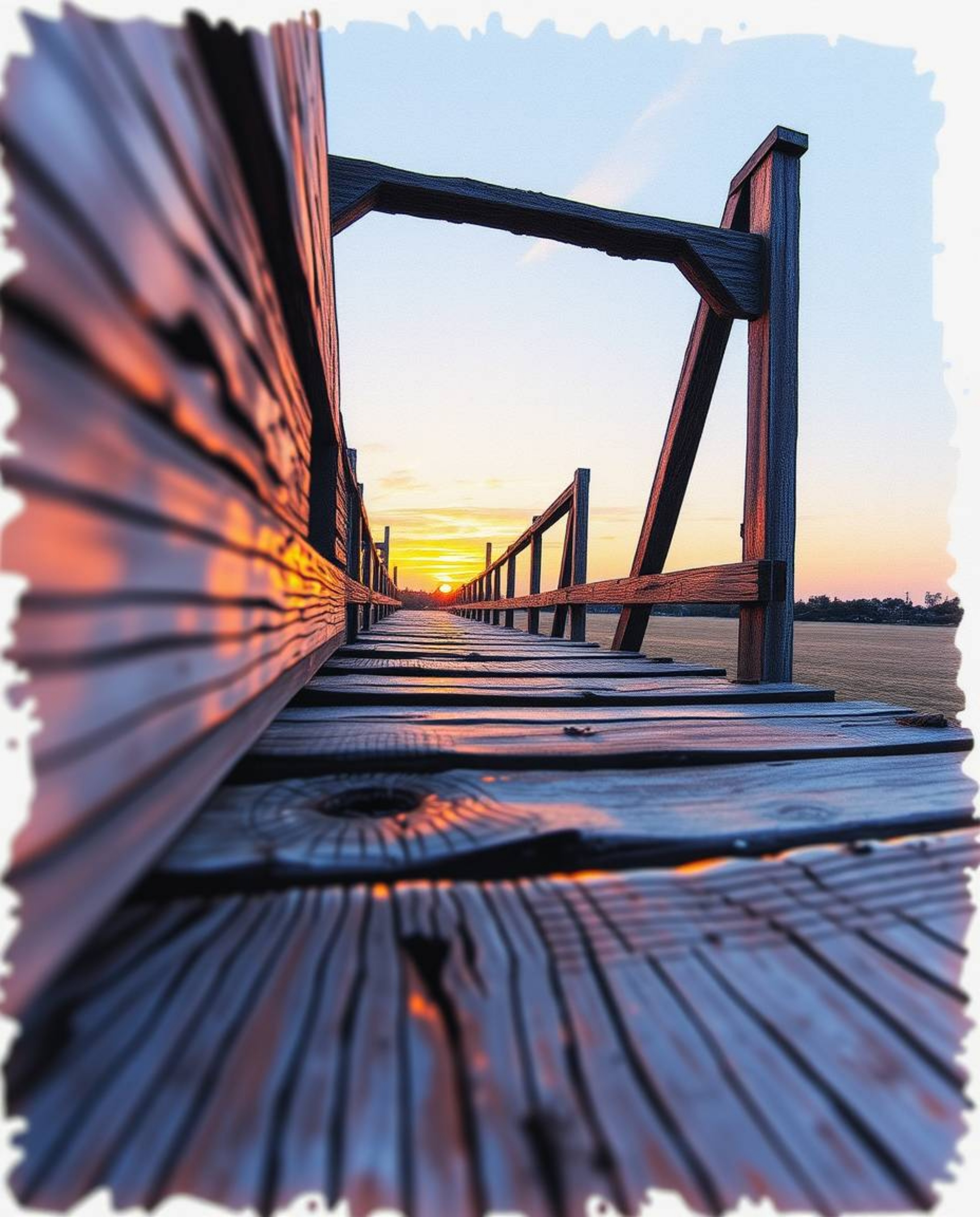 An extreme close-up color sketchnote of an old wooden bridge at sunset. This piece is presented in a hand-drawn style, emphas