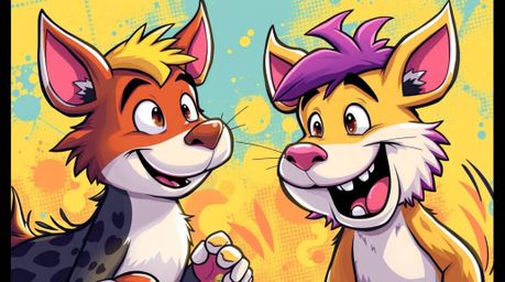 A captivating illustration showcases two mischievous talking animals engaged in a lively and energetic scene.  Rendered in br