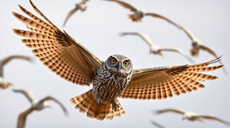 A stunning architectural color photograph captures a blind owl in a Pixar-esque style, sharing invaluable flight wisdom with 