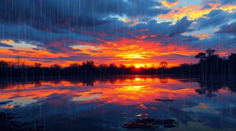 A stunning digital painting depicts a vibrant sunset reflected in the still waters of a calm pond.  The scene is enhanced by 