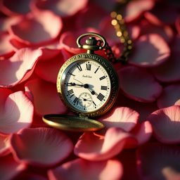 A vintage pocket watch, beautifully engraved with a worn golden exterior, rests peacefully on a bed of soft pink rose petals.